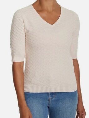Ella Moss Short Sleeve Textured V-Neck Sweater in Light Pink Cream
